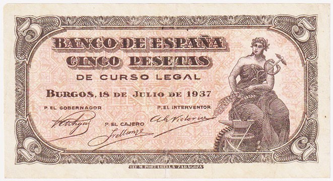 Estado Español, Banco de España

5 Pesetas. Burgos, 18 Julio 1937. Serie C. ED...