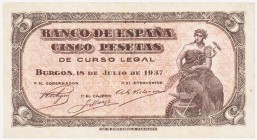 Estado Español, Banco de España

5 Pesetas. Burgos, 18 Julio 1937. Serie C. ED.424a. Reparado. Escaso. MBC-.