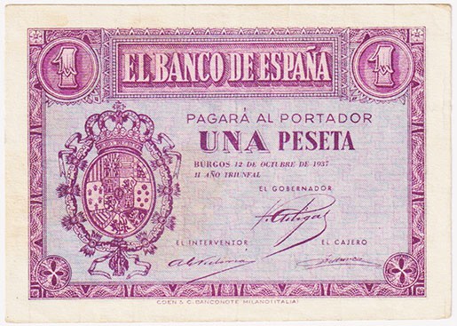 Estado Español, Banco de España

1 Peseta. Burgos, 12 octubre 1937. Serie B. E...