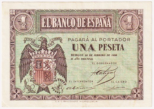 Estado Español, Banco de España

1 Peseta. Burgos, 28 febrero 1938. Serie A. E...