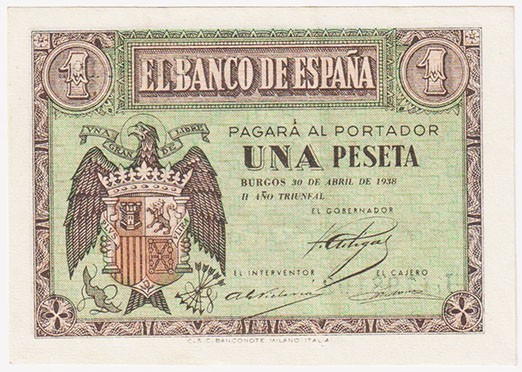 Estado Español, Banco de España

1 Peseta. Burgos, 30 abril 1938. Serie L. ED....