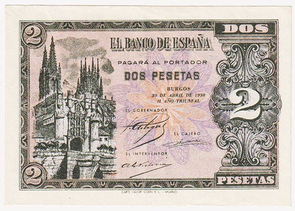 Estado Español, Banco de España

2 Pesetas. Burgos, 30 abril 1938. Serie N. ED...
