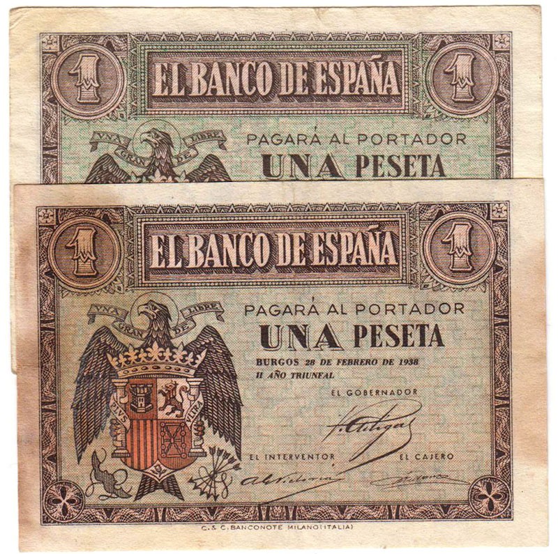 Estado Español, Banco de España

1 Peseta. Lote de 2 billetes. Febrero y Abril...