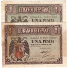 Estado Español, Banco de España

1 Peseta. Lote de 2 billetes. Febrero y Abril 1938. Serie A y D. ED.427-428a. Uno con macha del tiempo. MBC.
