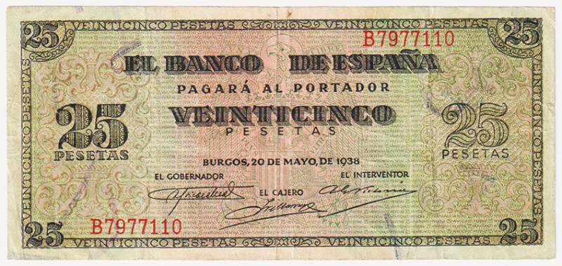Estado Español, Banco de España

25 Pesetas. Burgos, 20 mayo 1938. Serie B. ED...