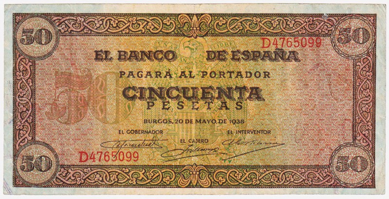 Estado Español, Banco de España

50 Pesetas. Burgos, 20 mayo 1938. Serie D. ED...