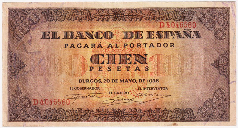 Estado Español, Banco de España

100 Pesetas. Burgos, 20 mayo 1938. Serie D. E...