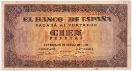 Estado Español, Banco de España

100 Pesetas. Burgos, 20 mayo 1938. Serie D. ED.432a. Manchitas en reverso. MBC-.
