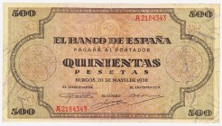 Estado Español, Banco de España

500 Pesetas. Burgos, 20 mayo 1938. Serie A. ED.433. Ligeramente reparado. Escaso. BC+.