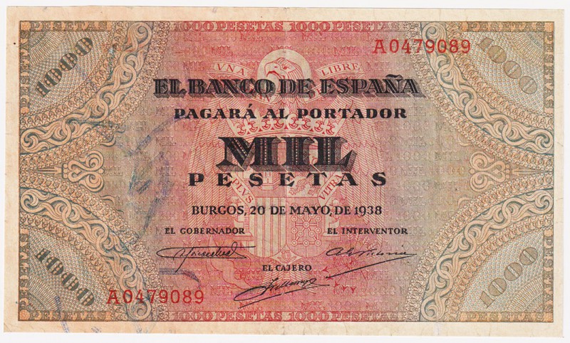 Estado Español, Banco de España

1000 Pesetas. Burgos, 20 mayo 1938. Serie A. ...