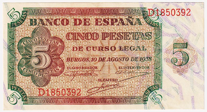 Estado Español, Banco de España

5 Pesetas. Burgos, 10 agosto 1938. Serie D. E...