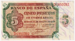 Estado Español, Banco de España

5 Pesetas. Burgos, 10 agosto 1938. Serie D. ED.435a. EBC.
