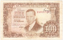 Estado Español, Banco de España

100 Pesetas. 7 abril 1953. Serie 1X. La firma del cajero al revés y sobre la numeración de anverso. ED.464c vte. Mu...
