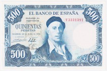 Estado Español, Banco de España

500 Pesetas. 22 julio 1954. Serie V. ED.468b. Arruga lateral. SC-.