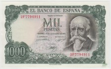 Estado Español, Banco de España

1000 Pesetas. 17 septiembre 1971. Serie 2F. ED.474c. Manchita de pinta verde en pico inferior. SC.