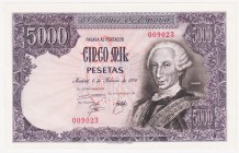 Juan Carlos I, Banco de España

5000 Pesetas. 6 febrero 1976. Sin serie. Numeración baja. ED.475. Alguna ligera arruga. SC.