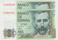 Juan Carlos I, Banco de España

1000 Pesetas. 23 octubre 1979. Serie 1X. Pareja correlativa. ED.477a. SC.