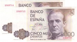 Juan Carlos I, Banco de España

5000 Pesetas. 23 octubre 1979. Sin serie. Pareja correlativa. ED.478. SC.