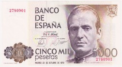 Juan Carlos I, Banco de España

5000 Pesetas. 23 octubre 1979. Sin serie. ED.478. SC-.