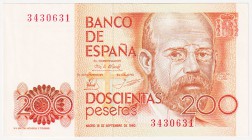 Juan Carlos I, Banco de España

200 Pesetas. 16 septiembre 1980. Sin serie. ED.480. Arruga lateral. SC-.