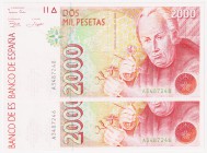 Juan Carlos I, Banco de España

2000 Pesetas. 24 abril 1992. Serie A. Lote de 2 billetes. Pareja de pares. ED.482. SC.