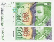 Juan Carlos I, Banco de España

1000 Pesetas. 12 octubre 1992. Sin serie. Lote de 2 billetes. ED.483. SC.