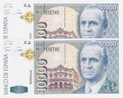Juan Carlos I, Banco de España

10000 Pesetas. 12 octubre 1992. Sin serie. Lote de 2 billetes. ED.485. SC.