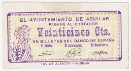 Billetes locales

Águilas, Ay. 25 Céntimos. 1937. Mancha en margen. EBC.