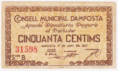 Billetes locales

Amposta, C.M. 50 Céntimos. 1937. Ligeras marcas de celo en reverso. MBC-.