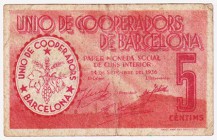 Billetes locales

Barcelona, Unió de Cooperadors. 5 Céntimos. 1936. BC+.