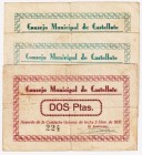 Billetes locales

Castellote, C.M. Serie de 3 valores (25 y 50 Céntimos y 2 Pesetas). Dos de ellos con tampón en reverso. BC+ a BC.