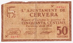 Billetes locales

Cervera, Ay. 50 Céntimos. 1937. Tampón azul. Margen mal cortado. BC.