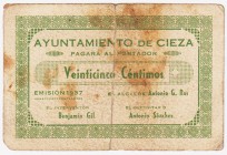 Billetes locales

Cieza, Ay. 25 Céntimos. 1937. Celo en doblez central. BC-.