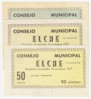 Billetes locales

Elche, C.M. Serie de 3 valores (5 y 50 Céntimos y 1 Peseta). 1937. EBC- a MBC+.