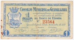 Billetes locales

Guadalajara, C.M. 1 Peseta. 1937. MBC-.