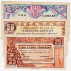 Billetes locales

Lleida, Ay. Serie de 3 valores (25 y 50 Céntimos y 1 Peseta). 1937. El de peseta con celo en reverso. MBC- a BC-.