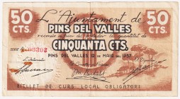 Billetes locales

Pins del Valles, Ay. 50 Céntimos. 1937. Sello en seco. MBC-.