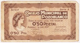Billetes locales

Pozoblanco, C.M. 0,50 Pesetas. 1937. Pico cortado y resto de celo. BC.
