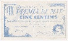 Billetes locales

Premià de Mar, Ay. 5 Céntimos. 1937. EBC+.