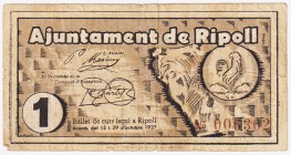 Billetes locales

Ripoll, Ay. 1 Peseta. 1937. Con sello en seco. BC+.