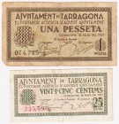 Billetes locales

Tarragona, Ay. Serie de 2 valores (25 Céntimos y 1 Peseta). 1937. MBC a BC-.
