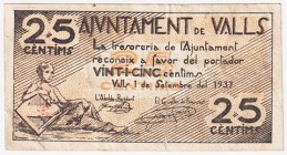Billetes locales

Valls, Ay. 25 Céntimos. 1937. Celo en reverso. BC+.