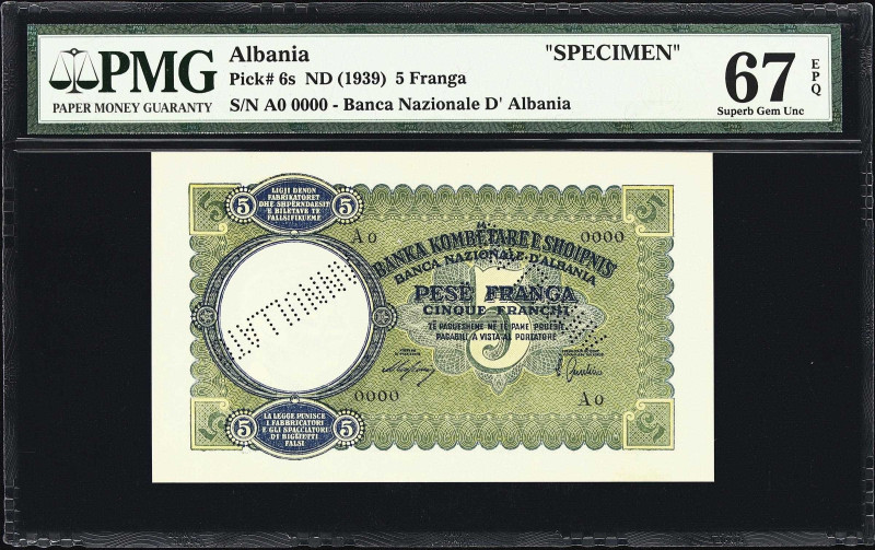 ALBANIA. Banca Nazionale d'Albania. 5 Franga, ND (1939). P-6s. Specimen. PMG Sup...