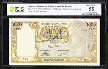 ALGERIA. Banque de l'Algerie et de la Tunisie. 1000 Francs, 9.8.1956. P-107b. PCGS Banknote About Uncirculated 55.
One of Algeria's classic notes and...