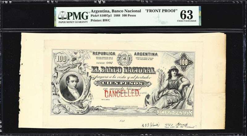 ARGENTINA. Banco Nacional. 100 Pesos, 1.1.1888. P-S1097p1. BNG-7pp. Front Proof....