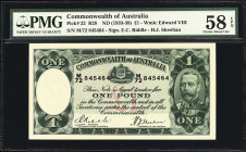 AUSTRALIA. Commonwealth Bank of Australia. 1 Pound, ND (1933-38). P-22. R28. PMG Choice About Uncirculated 58 EPQ.
Riddle - Sheehan signature combina...