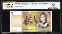 AUSTRALIA. Reserve Bank of Australia. 1 Dollar, ND (1966). P-37ar. R71s. Replacement. PCGS Banknote Choice Uncirculated 64.
Coombs - Wilson signature...