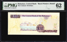 BAHAMAS. Central Bank of the Bahamas. 50 Dollars, ND (ca. 1986). P-Unlisted. Back Printer's Model. PMG Uncirculated 62.
Possibly unique, this printer...