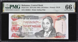 BAHAMAS. Central Bank of the Bahamas. 20 Dollars, 1974 (ND 1993). P-54A. PMG Gem Uncirculated 66 EPQ.
A deceptively difficult modern type from the Ba...