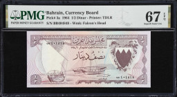 BAHRAIN. Bahrain Currency Board. 1/2 Dinar, 1964. P-3a. PMG Superb Gem Uncirculated 67 EPQ.
From the first series of Bahrain. Scarce and popular at t...